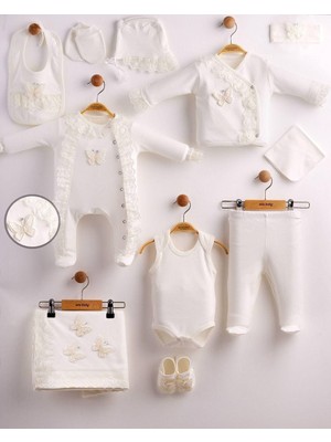 %100 Pamuk 10'lu Yenidoğan Kız Bebek Hastane Çıkışı Kelebek Nakışlı Dantelli Ekru Bandana Hediyeli