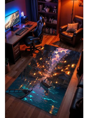 Charmbi Nehir Kasabası Temalı Halı Kaymaz Taban Kadife Dokulu Makinede Yıkanabilir Genç Odası Halısı Yolluk