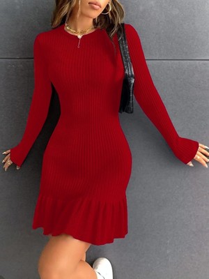 Gacha Kadın Bisiklet Yaka Uzun Kol Etek Ucu Fırfırlı Triko (Polyenit) Mini Boy Elbise