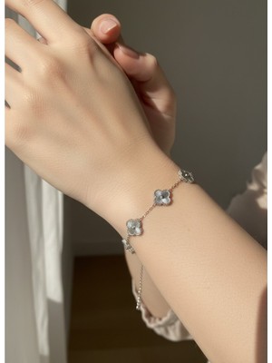 Atalya Accessory Büyük Yonca Modeli Gümüş Renk Unisex Kararmaz Çelik Bileklik-Çift Taraflı