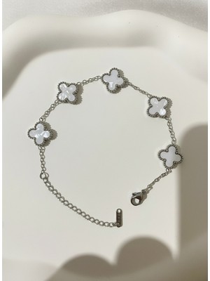 Atalya Accessory Büyük Yonca Modeli Gümüş Renk Beyaz Taşlı Kadın Bileklik-Kararmaz-Solmaz