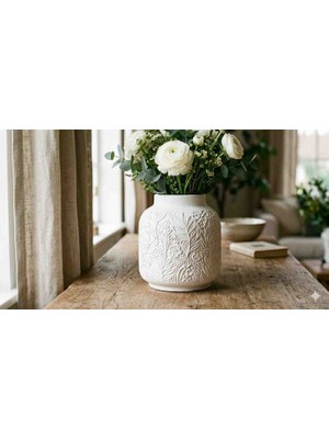 Talaşoğlu Doğal Mineral Döküm Vazo | Geniş Ağızlı & Kabartma Desenli - Mat Beyaz (10X15 Cm)