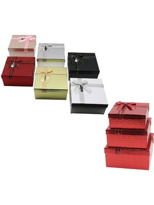 Toyigoo 3pcs Kare Parlak Mix Renkli - Kabartma Desen Karton Hediye Kutusu Kurdelalı 19-17-15CM (4887) Tyg
