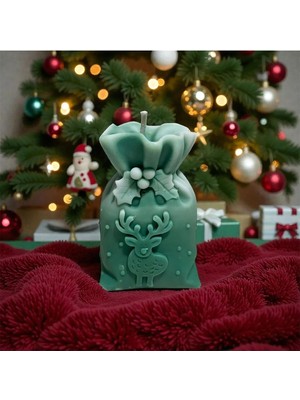 YummiVia Çam Kokulu %100 Bitkisel Mum, Yeşil Renkli, Ren Geyikli Kış Mumu, Kış Temalı Hediyelik Mum