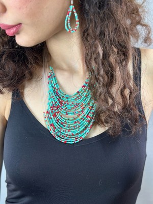 Gönülden Tasarım Turkuaz Kırmızı Boncuklu Kolye Küpe Set