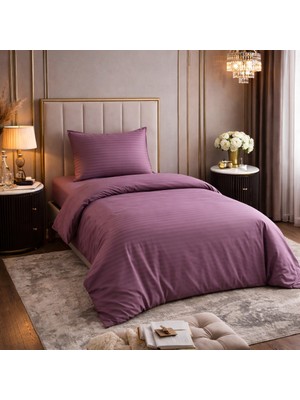 Vionetta Pamuk Saten Otel Serisi Tek Kişilik Nevresim Takımı Gül Kurusu Çizgili Lastikli Çarşaflı