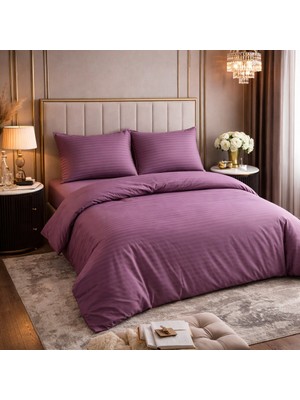 Vionetta Pamuk Saten Gül Kurusu Çizgili Otel Serisi Lastikli Çarşaflı Çift Kişilik Nevresim Takımı