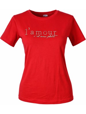 Trender L'mour Yazılı O Yaka Bordo Kadın T-Shirt 26YDT1000006