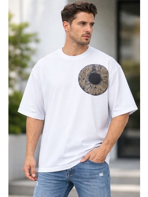 Zueofficial %100 Pamuk Oversize Erkek Tişört Arkası Desenli Salaş Beyaz T-Shirt