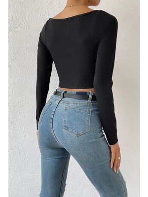 Modi Green Modig Kadın Siyah Uzun Kol Göğüs Dekolteli Şık Crop Top Bluz