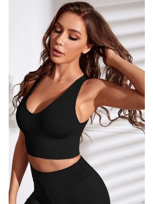 Modi Green Modig Kadın Siyah Derin Göğüs Dekolteli Şık Crop Top Bluz