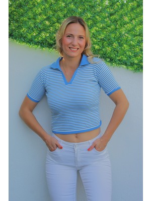 Modi Green Modig Polo Yaka Çizgili Tişört Mavi