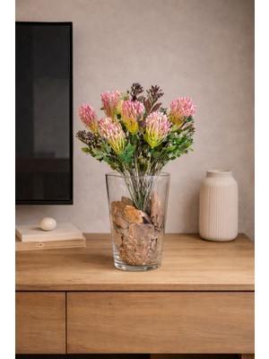 Decoroon El Yapımı Cam Vazoda Yapay Çiçek Aranjmanı – Dekoratif Masa & Tv Ünitesi Vazo Dekoru 40 cm