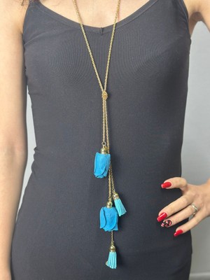 Gönülden Tasarım Sarı Zincirli Mavi Çiçekli Kadın Kolye 60 cm