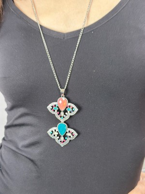 Gönülden Tasarım Renkli Kristal Boncuk Işleme Otantik Kadın Kolye 42 cm