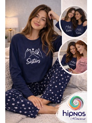 Sisters Baskılı Uzun Kollu Lacivert Pijama Takımı Yıldız Desenli Alt Rahat Kalıp