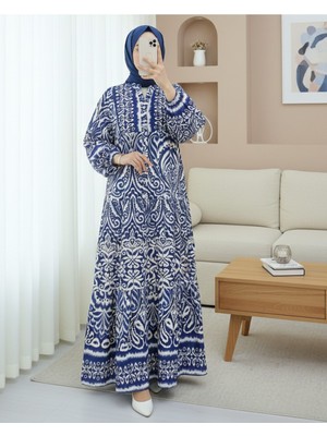 Modamorfo Yarım Düğmeli Dik Yaka Parçalı Elbise -Koyu Mavi