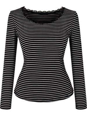 Trender Çizgili Viskon Siyah Kadın Sweatshirt 26YDT1000072