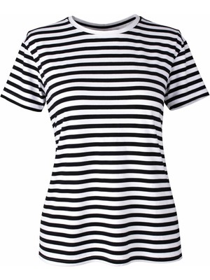 Trender Çizgili Viskon O Yaka Siyah Kadın T-Shirt 26YDT1000011