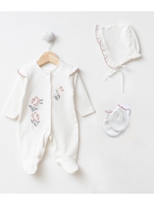 Yenidoğan Kız Bebek Hastane Çıkışı 3'lü Set Gül Nakışlı Pamuklu Tulum Takımı