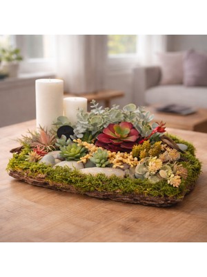 Decoroon El Yapımı Mumlu Masa Dekoru – Doğal Yosun, Ağaç Kabuğu ve Sukulent Tasarım, 2 Mumlu Orta Sehpa & Salon Dekoru
