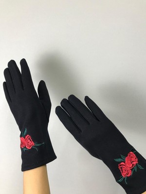 Gönülden Tasarım Kaşmir Nakış Işleme Çiçekli Dokunmatik Parmak Kadın Eldiven