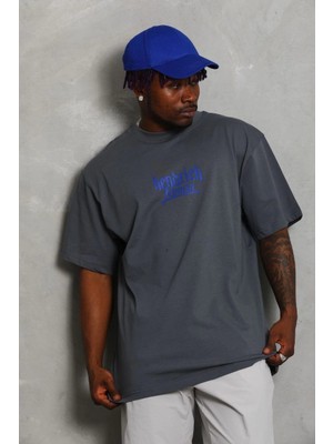 MidasTech Oversize Baskılı Bisiklet Yaka T-Shirt - Füme