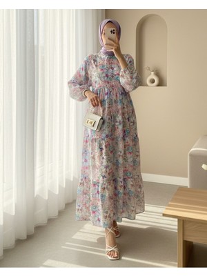 Modamorfo Yarım Düğmeli Kolu Lastikli Çiçek Baskılı Elbise  -Pudra