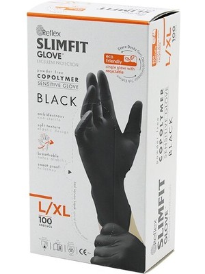 E-Bulurum Reflex Slimfit Glove KOD-031 L-Xl Siyah Pudrasız Muayene Eldiven 100LÜ (5067)