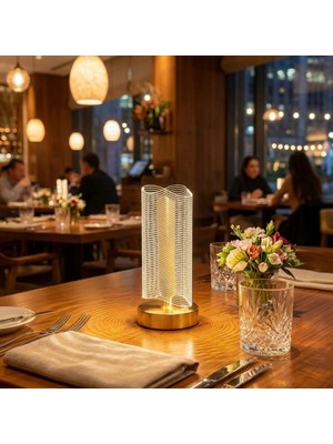 Flamex Dalgalı Silindirik Kristal Çizgili Model LED Masa Lambası – Gold Tabanlı, Dokunmatik, 3 Renk I