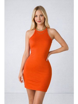 Halter Yaka Turuncu Slim Mini Günlük Elbise