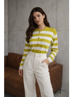 Deslorsque Kadın Şeritli Gold Düğme Detaylı Bisiklet Yaka Tüylü Dokulu Triko Hırka Yeşil Beyaz