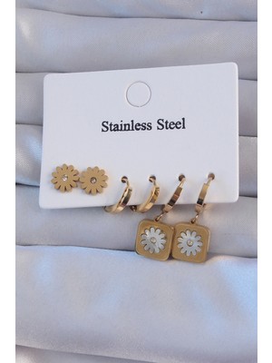 Balkan Grup 316L Çelik Gold Renk Zirkon Taşlı Sedefli Papatya Model Halka Küpe Seti