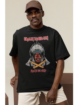 Sevbano Tasarım Iron Maiden Run To The Hills Rock Metal Müzik Grubu Baskılı Unisex Oversize Tişört