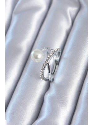 Balkan Grup Gümüş Renk Zirkon Taşlı Incili Kadın Yüzük