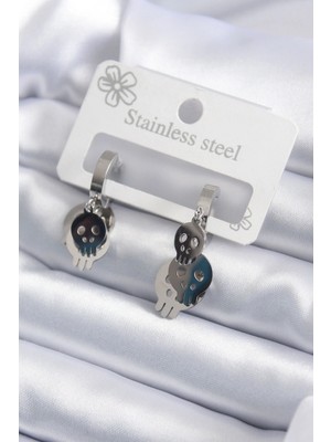 Balkan Grup 316L Çelik Gümüş Renk Sallantı Kuru Kafa Model Kadın Küpe