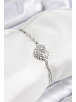 Balkan Grup Pirinç Zirkon Taşlı Kalp Model Gümüş Renk Asansörlü Kadın Bileklik