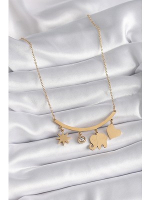 Balkan Grup 316L Çelik Gold Renk Fil Figür Zirkon Taş Detay Kadın Kolye