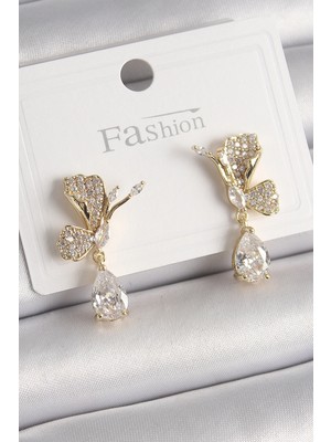 Balkan Grup Pirinç Gold Renk Zirkon Taşlı Turna Kuşu Model Sallantı Detay Kadın Küpe