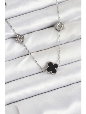 Balkan Grup 316L Çelik Zincir Gümüş Renk Siyah ve Zirkon Taşlı Yonca Kadın Kolye