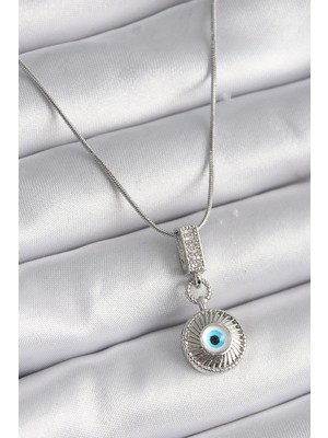 Balkan Grup 316L Çelik Gümüş Renk Zirkon Taşlı Nazar Boncuk Model Kadın Kolye