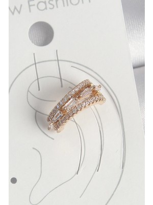 Balkan Grup Pirinç Gold Renk Zirkon Taşlı 3'lü Sıralı Model Kadın Kıkırdak Küpe