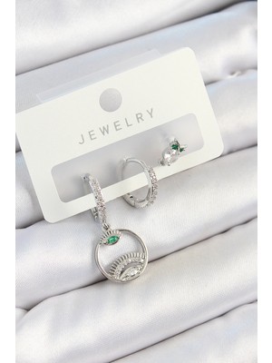 Balkan Grup Pirinç Zirkon Taşlı Göz ve Baykuş Model Gümüş Renk 3'lü Çift Kadın Küpe Set