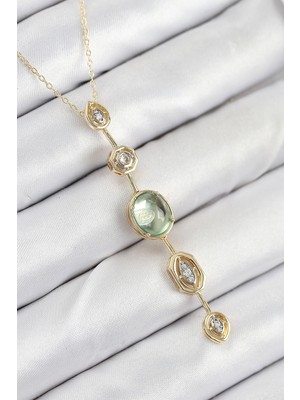 Balkan Grup Pirinç Zincir Yeşil Gold Renk Zirkon Taşlı Y Kolye