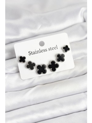 Balkan Grup 316L Çelik Gümüş Siyah Renk 3 Boy Yonca Küpe Seti