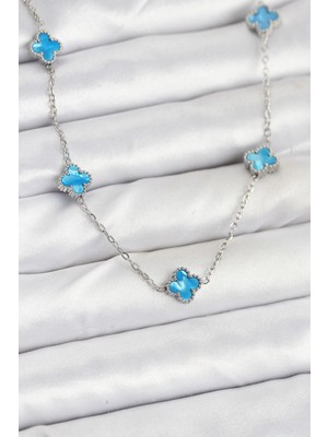 Balkan Grup 316L Çelik Zincir Gümüş Renk Buz Mavisi Baby Boy Yonca Kadın Kolye