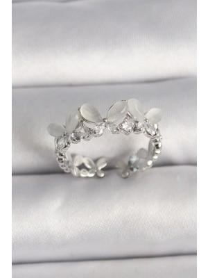 Balkan Grup Pirinç Gümüş Renk Zirkon Taşlı Beyaz Mineli Kelebek Model Ayarlanabilir Yüzük