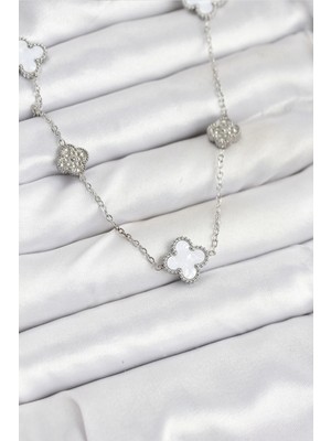 Balkan Grup 316L Çelik Zincir Gümüş Renk Beyaz ve Zirkon Taşlı Yonca Kadın Kolye