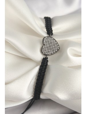 Balkan Grup Pirinç Füme Renk Zirkon Taşlı Kalp Figür Asansörlü Makrome Model Kadın Bileklik