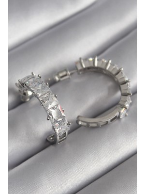 Getittir Pirinç Gümüş Renk Zirkon Taşlı Halka Model Kadın Küpe - Lisinya